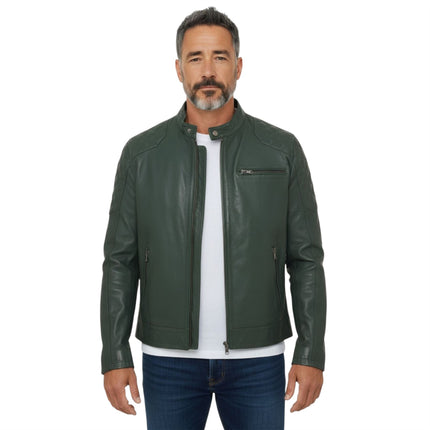 Mens Green Leather Quilted Shoulder Biker Jacket - Rock