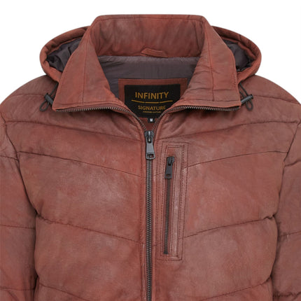 Men's Tan Brown Leather Quilted Jacket Hooded Puffer Winter Coat - Olyic