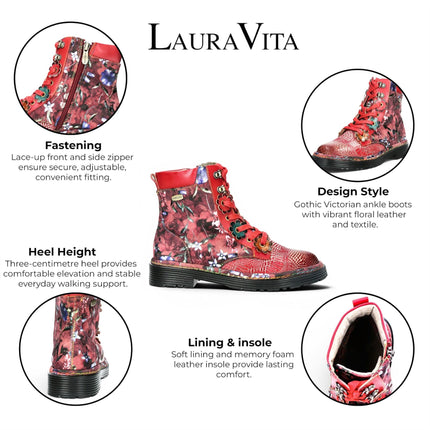 Laura Vita Women's Gothic Victorian Floral Red Leather Lace-Up Boots - Incaso-39