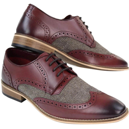 Mens Classic Oxford Tweed Brogue Derby Shoes In Burgundy Leather