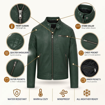 Mens Green Leather Quilted Shoulder Biker Jacket - Rock