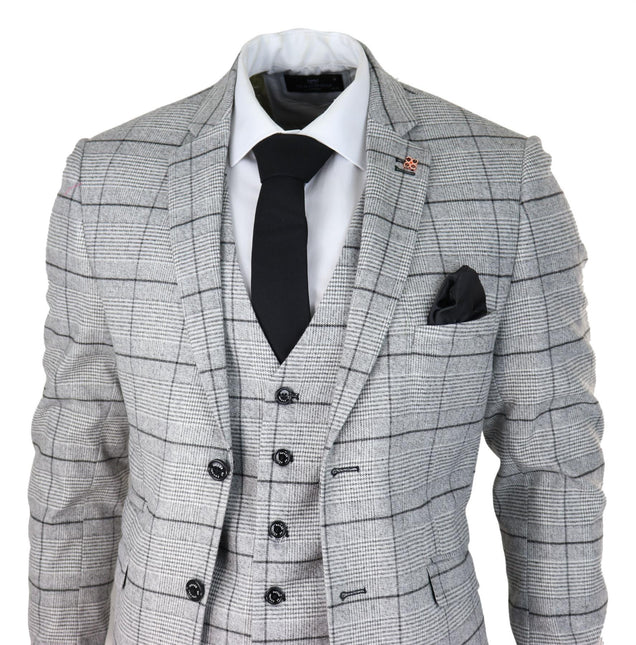 Mens 3 Piece Tweed Suit Grey Check Peaky Blinders 1920 Gatsby Wedding Suit