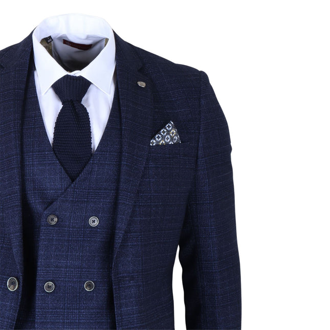 Men's Blue Plain Check 3 Piece Slim Fit Formal Wedding Suit