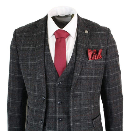 Mens 3 Piece Charcoal Grey Tweed Check Vintage Retro Suit