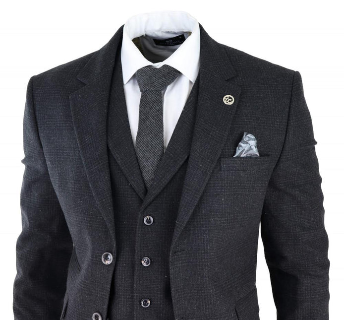 Mens Black 3 Piece Tweed Suit Peaky Blinders 1920s Gatsby Classic Tailored Fit