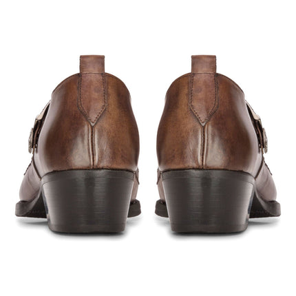Men's Leather Western Shoes Brown Cuban Cowboy Winklepickers Classic Buckle Shoe