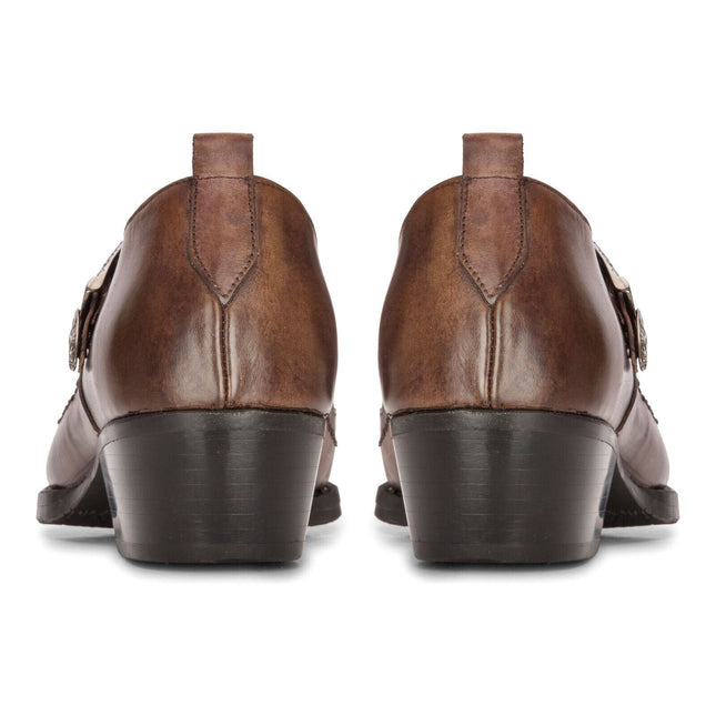 Men's Leather Western Shoes Brown Cuban Cowboy Winklepickers Classic Buckle Shoe