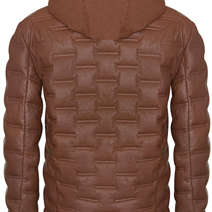 Men's Hooded Puffer Quilted Bomber Leather Jacket - Belém