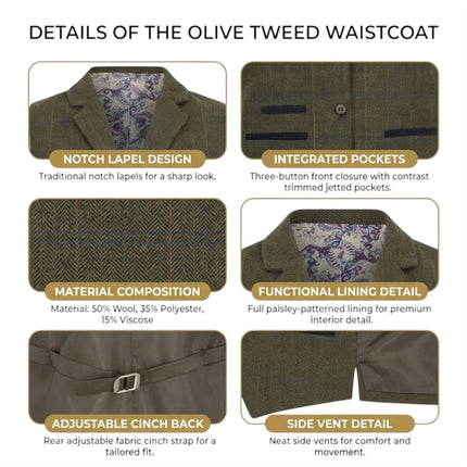Women's Olive Tailored Fit Tweed Waistcoat Formal Vest - TPSTZ-7