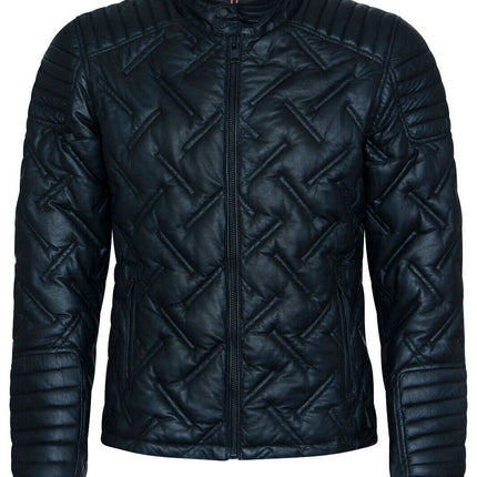 Men's Black Leather Quilted Biker Jacket - Manaus