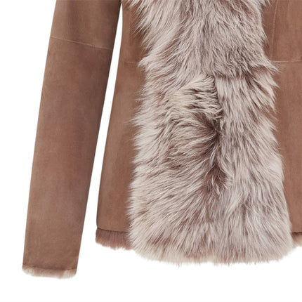 Women's Taupe Sheepskin Toscana Shearling Suede Leather Jacket - Noiré