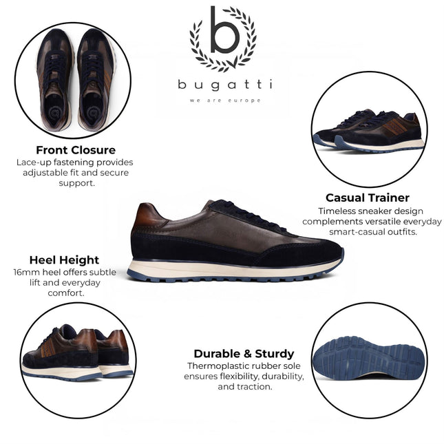 Bugatti Men's Navy Blue Leather Lace-Up Trainer Sneaker Shoes - Timon