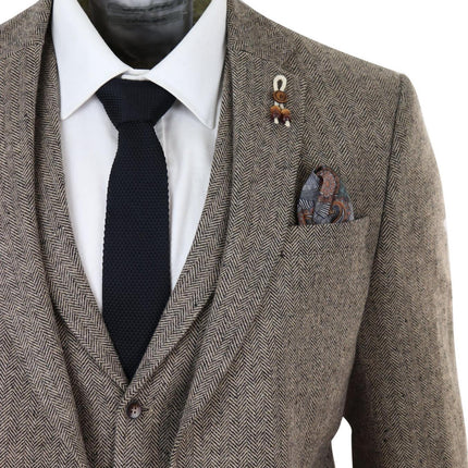 Mens Oak Brown 3 Piece Tweed Suit Vintage Harringbone 1920s Retro Peaky Blinders
