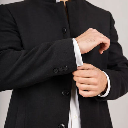 Men's Black Stand Collar Wool Blend Overcoat