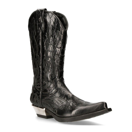 New Rock Flame Accented Black Leather Biker Cowboy Boots- M-7921-S1