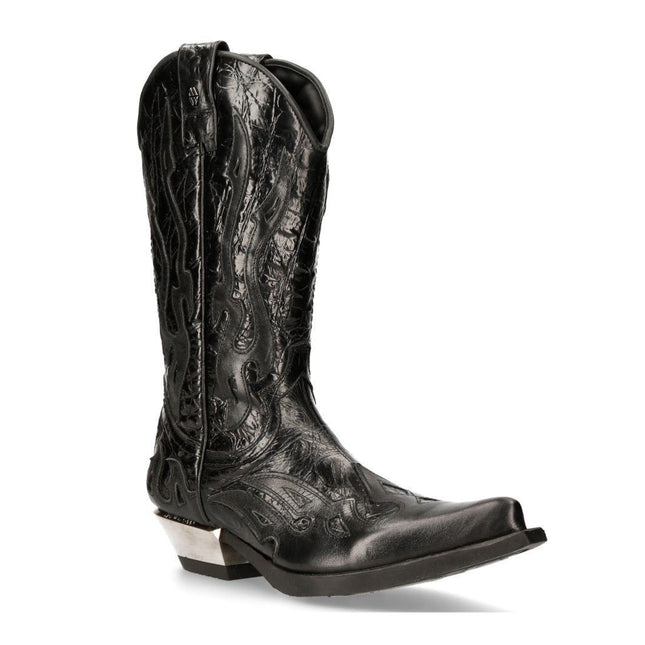 New Rock Flame Accented Black Leather Biker Cowboy Boots- M-7921-S1