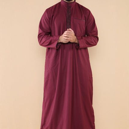 Mens Wine Thobe Jubba Emirati Islamic Arabic Eid Embroidery Kaftan Jubbah Robe