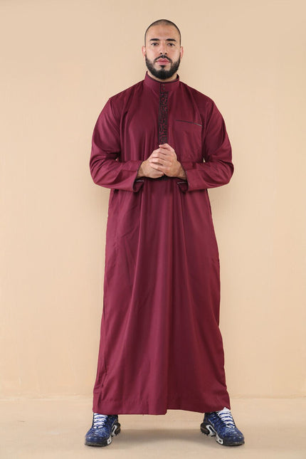 Mens Wine Thobe Jubba Emirati Islamic Arabic Eid Embroidery Kaftan Jubbah Robe