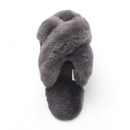 Women's Sheepskin Slippers Grey Warm Winter Fur Crossover - Snowbelle