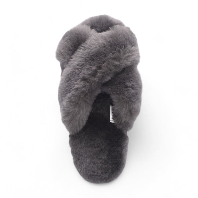 Women's Sheepskin Slippers Grey Warm Winter Fur Crossover - Snowbelle