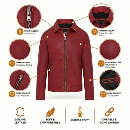Mens Leather Red Harrington Collar Biker Jacket - Alpha