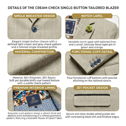 Women's Cream Check Wool Blend Herringbone Tweed Tailored Blazer - Caridi