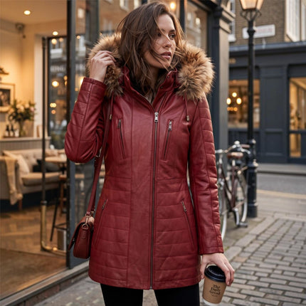 Womens Red Slim Fit Leather Hooded Parka Jacket-Northam