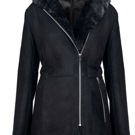 Womens Black Hooded Merino Sheepskin Jacket-Mandalay