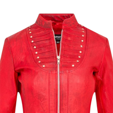 Womens Goth Red Leather Victorian Studded Flare Coat- Ribet