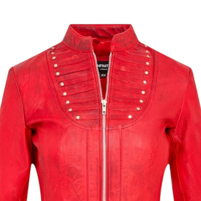 Womens Goth Red Leather Victorian Studded Flare Coat- Ribet