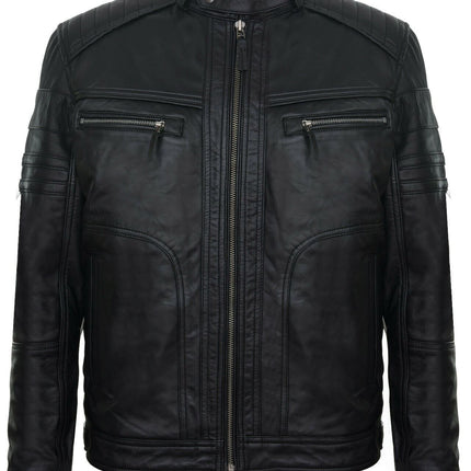 Men's Vintage Black Leather Biker Jacket-Naples