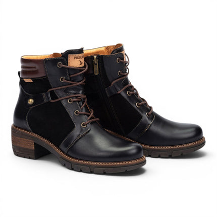 Pikolinos Women’s Black Leather Zip & Lace Up Heel Ankle Boots - San Sebastia