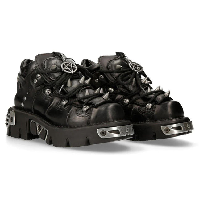 New Rock Black Leather Spiked Ankle Boots - 110-S1