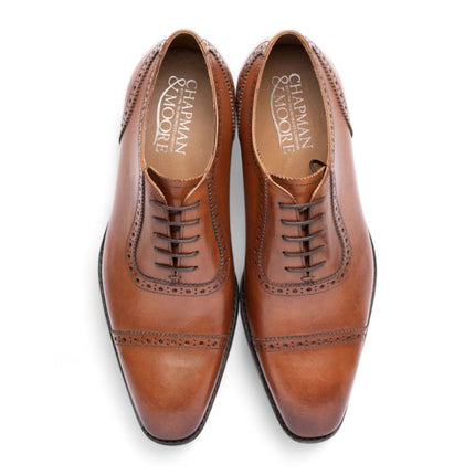 Chapman & Moore Men's Tan Brown Leather Semi-Brogue Cap-Toe Oxford Shoes