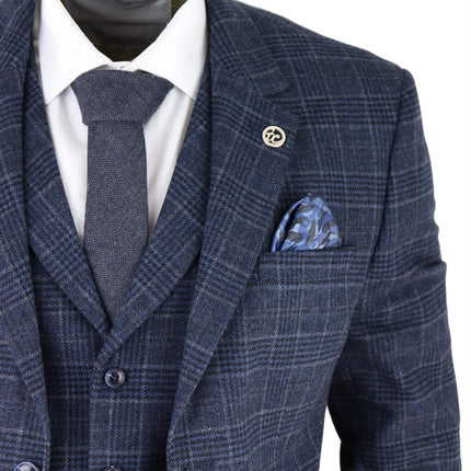 Mens Blue Check 3 Piece Tweed Suit Peaky Blinders 1920s Gatsby Tailored Fit