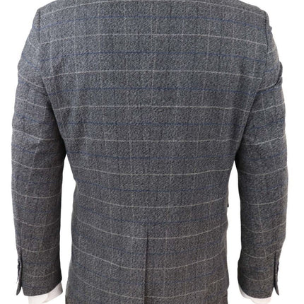 Mens 3 Piece Grey With Blue Check Vintage Classic Suit