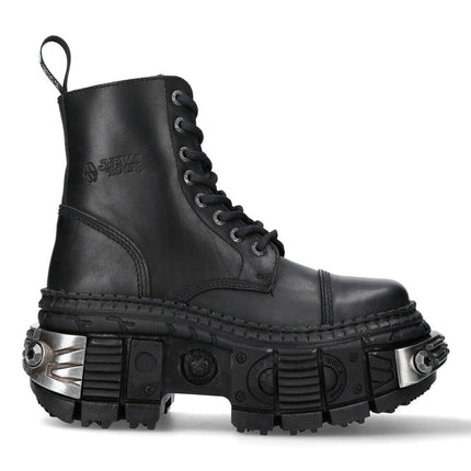 New Rock Metallic Black Leather Boots-WALL083C-S4