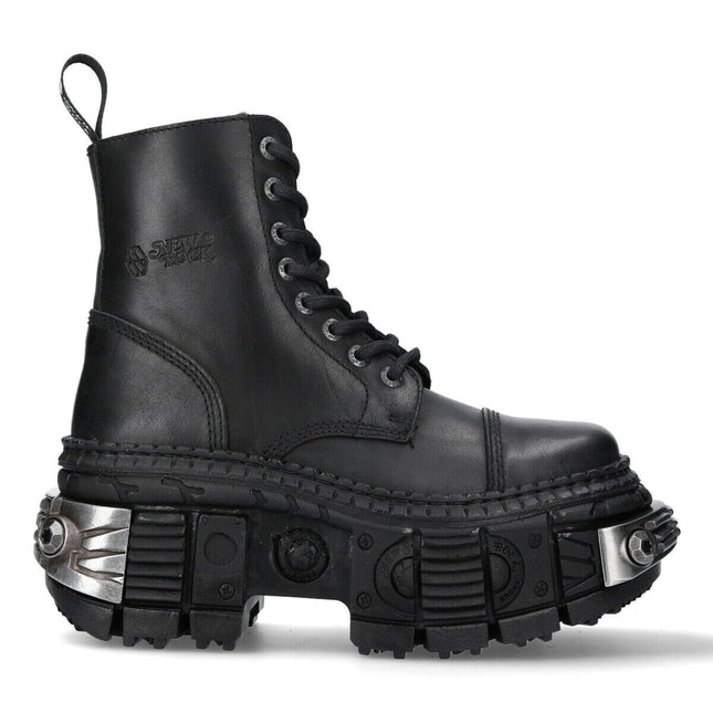 New Rock Metallic Black Leather Boots-WALL083C-S4