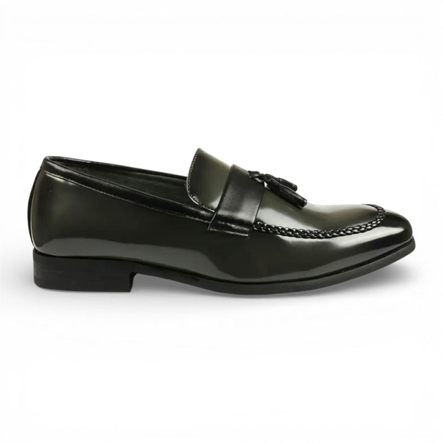 Mens Olive Tassel High-Gloss Patent Faux Leather Formal Loafers Shoes