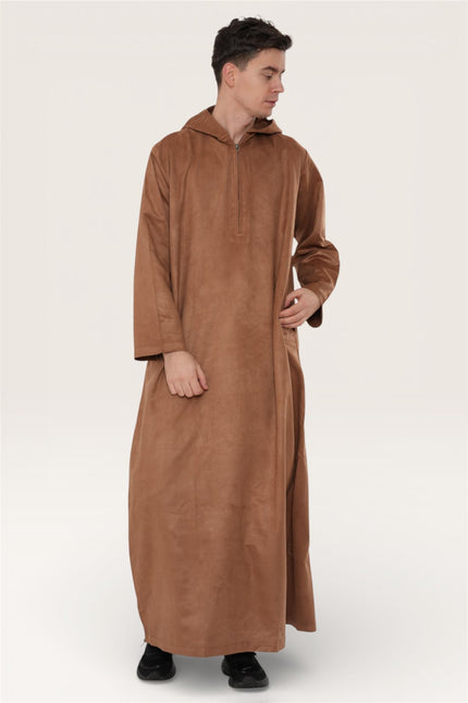 Men's Hooded Eid Camel Brown Moroccan Jubba Robe Ramadan Eid Thobe - HM12