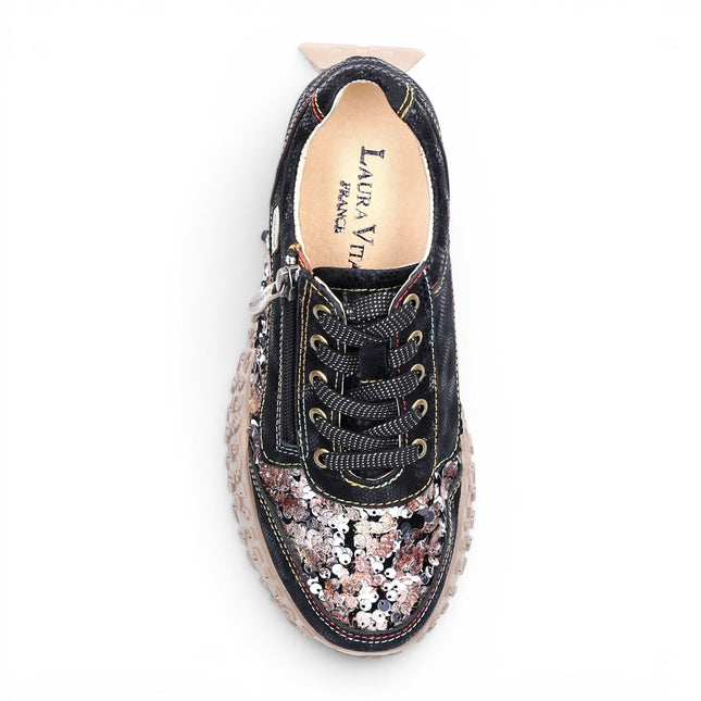 Laura Vita Women's Floral Black Leather Trainer Sneaker Shoes - Evitao-03