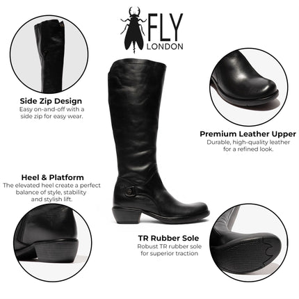 Fly London Womens Black Leather High Heeled Riding Long Boots - MISTRY