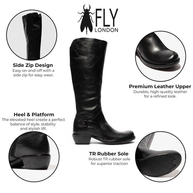Fly London Womens Black Leather High Heeled Riding Long Boots - MISTRY
