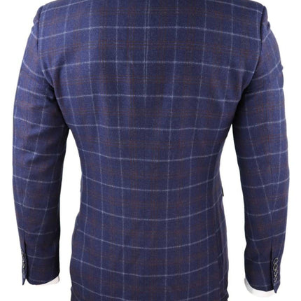 Mens 3 Piece Navy Blue Wool Check Retro Suit