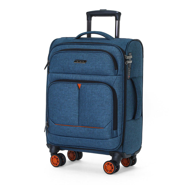 Soft Shell Blue Linen Suitcase Set 8 Wheel Lightweight Travel Luggage