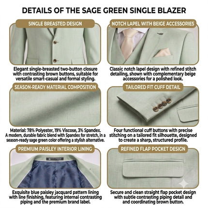 Men's Sage Green Tailored Fit Formal Blazer Jacket - Belmount