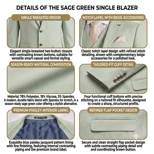 Men's Sage Green Tailored Fit Formal Blazer Jacket - Belmount