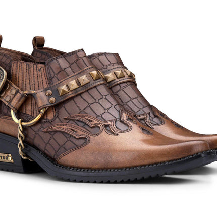 Men’S Tan Croc Leather Winklepicker Studded Western Biker Boots