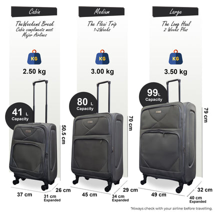 Soft Shell Lightweight Nylon Suitcase Set 4 Wheel Travel Case Holiday Bags