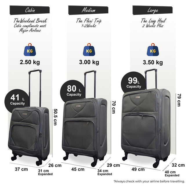 Soft Shell Lightweight Nylon Suitcase Set 4 Wheel Travel Case Holiday Bags